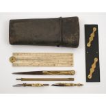 A 19th century part geometry set in fish skin case:, including an ivory folding rule by T Blunt,