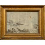 A 19th century silk and child's hairwork seascape of shipping in a harbour:,