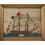 A 19th century woolwork portrait of the Agamemnon-class 91 gun ship HMS Victor Emmanuel:,