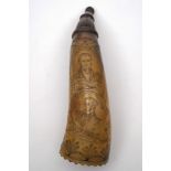 A 19th century scrimshaw decorated powder horn commemorating the Battle of the Lakes:,