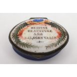 An early 19th century oval patch box 'Britons Gratitude and Nelsons Valor':,