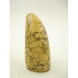 A late 19th century scrimshaw decorated tooth:, incised with pugilists surrounded by dogs, pigs,