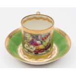 A Derby coffee can and saucer: finely painted in the manner of John Brewer with a panel of cut and