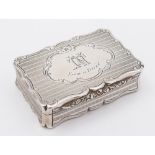 A Victorian silver snuff box, maker Aston & Sons, Birmingham, 1860: initialled and inscribed,