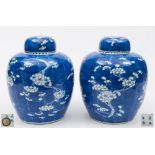 A pair of Chinese porcelain 'prunus' jars and covers: of oviform with domed covers painted in blue