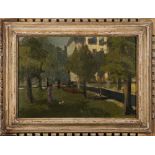 * Herbert James Gunn [1893-1964] - Figure and dog in a suburban park:- signed bottom left oil on