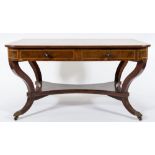 A Regency mahogany and inlaid rectangular library table:, bordered with boxwood and ebony lines,