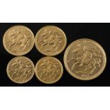 A group of Isle of Man gold coinage including a two pound, two sovereigns and two half-sovereigns:.