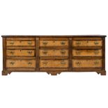 A George III oak and mahogany crossbanded rectangular dresser base:,