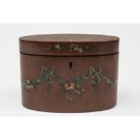 A 19th century oval mahogany tea caddy: the hinged lid and sides decorated with painted floral