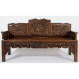 A Chinese carved Hua Li wood rectangular settle:,
