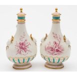 A pair of Minton porcelain scent flasks: of footed and flattened pear-shaped form with fluted basal