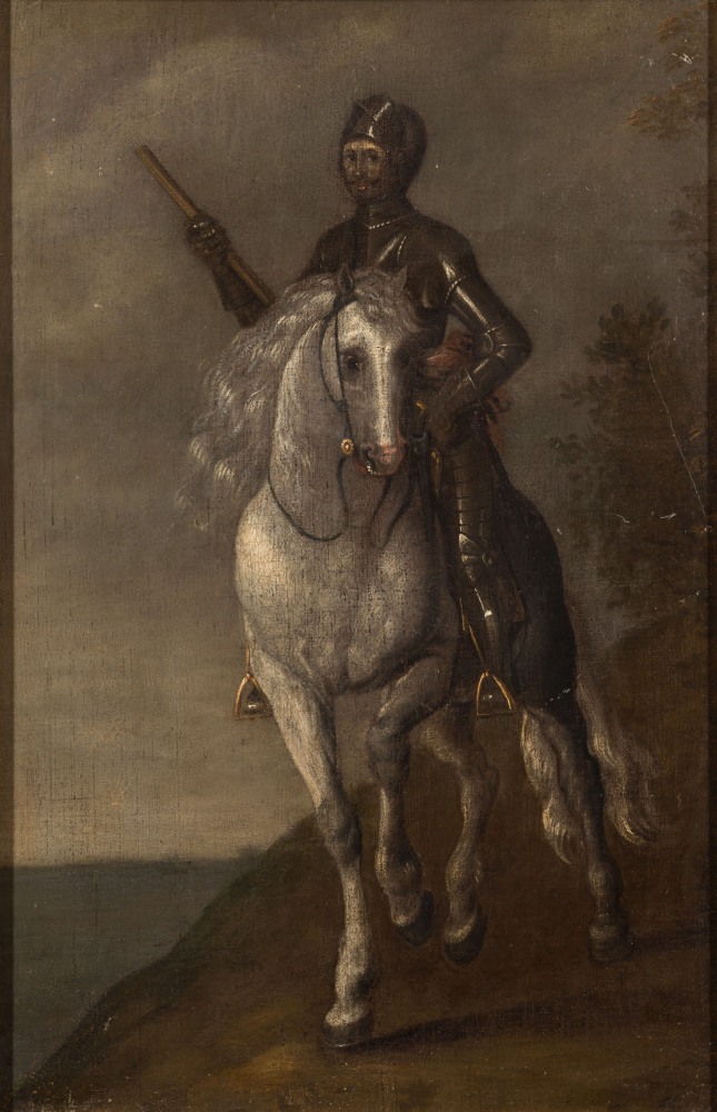 Spanish School, 17th Century- Mounted horseman in full armour on a hilltop:- oil on canvas 47 x 30.