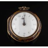 An 18th century gilt-brass and tortoiseshell pair cased pocket watch: the key-wound fusee verge