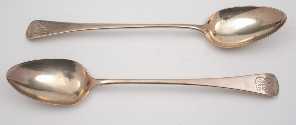 A pair of George III Old English serving spoons, maker Solomon Hougham, London, 1794: initialled,