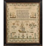 A 19th century family group of three samplers: worked in coloured silks of greens, browns,