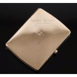 A 9ct gold rectangular cigarette case: inscribed 'Squeak Squeak', 81mm long, 63gms gross weight.