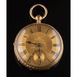 A gentleman's 18ct gold key-wound open face pocket watch: the foliate engraved and engine-turned