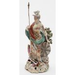A Derby porcelain figure of Britannia: modelled standing in draped cloak with helmet,