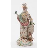 A Derby porcelain figure of Minerva: modelled standing with draped cloak, helmet,