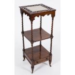 A Victorian rosewood square three tier whatnot:,