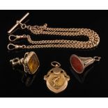 A 9ct gold graduated curb-link watch chain together with a 15ct gold bowling medal and two fob