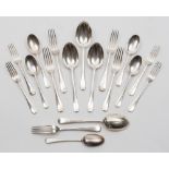 A matched rat tail pattern silver flatware service, various makers and dates: includes,