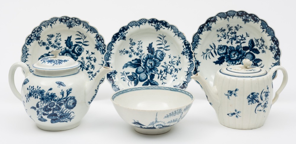 A group of Worcester First Period blue and white decorated porcelain: comprising three plates of