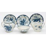 A group of Worcester First Period blue and white decorated porcelain: comprising three plates of