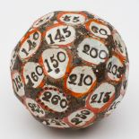 A mid 19th century pottery teetotum gambling ball: the multifaceted ball with numbered discs