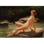 * Joseph Plank [20th Century]- 'A dip in the stream': signed oil on canvas 77 x 107cm
