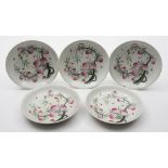 A set of five Chinese famille rose dishes: painted with bats flying amongst fruiting peach branches,