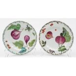 Two Chelsea porcelain plates: of circular form with feather moulded rim enamelled with figs,