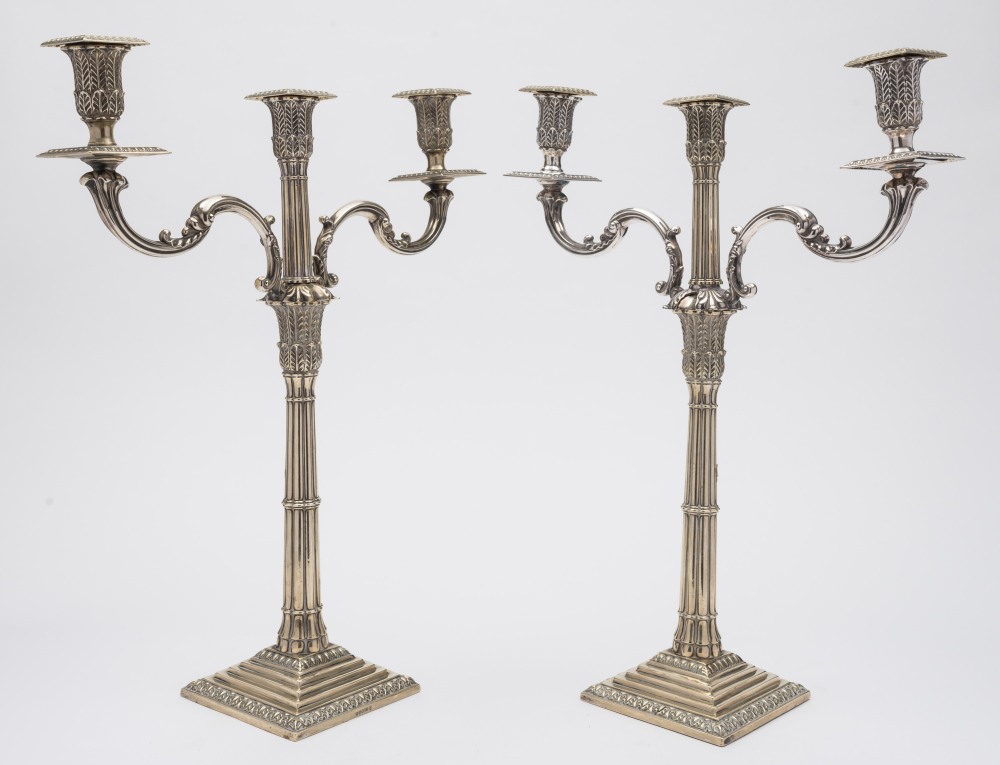 A pair of early 20th century silver plated twin branch candelabra: the central reeded stem with