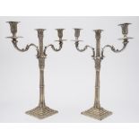 A pair of early 20th century silver plated twin branch candelabra: the central reeded stem with