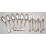 A set of six Victorian provincial silver fiddle pattern dessert spoons; maker John Langdon, Exeter,