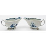 A matched pair of Lowestoft blue and white relief-moulded sauceboats: of Hughes type,