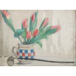 Hugh Wallis [1871-1943]- Still life of red tulips in a jug and a ladle on a ledge:- signed oil on