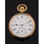A gentleman's 18ct gold keyless lever open face pocket watch: the circular white enamel dial with