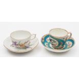 A Berlin cup and saucer and a Sevres-style cup and saucer: the first with wishbone handle and ozier