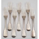 A set of six William IV provincial silver fiddle pattern table forks, maker William Woodman, Exeter,