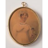 English School early 19th Century- A miniature portrait of a young lady, half-length standing,