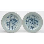 A set of five Chinese blue and white chargers: painted with squirrels amongst bamboo,