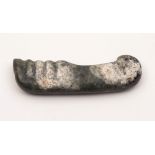 A Chinese jade handle: with ridged grip and two fitting holes,
