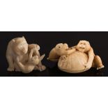 A late 19th century Japanese carved ivory okimono: depicting a monkey with its fingers trapped in a