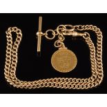 An 18ct gold curb link chain: with attached George III spade guinea, 63gms gross weight.