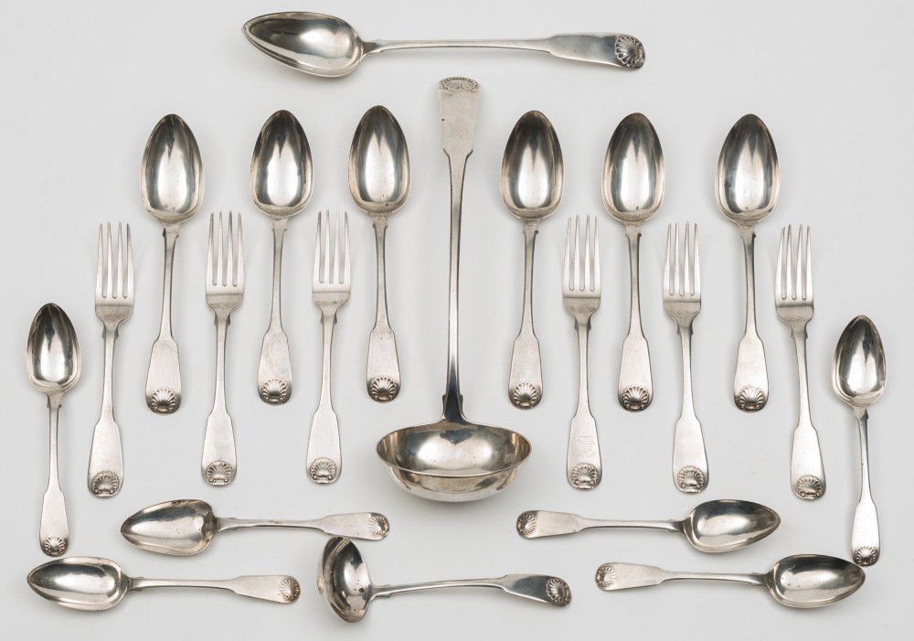 A George IV Scottish silver fiddle and shell pattern part flatware service, maker Andrew Wilkie,