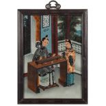 A Chinese reverse painting on glass: depicting a courtesan and attendant playing a game within an