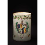 A Worcester [First Period] armorial mug: of cylindrical form with grooved loop handle,