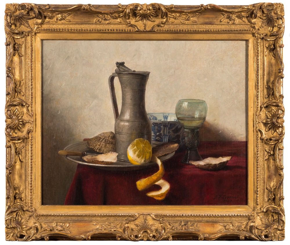 * Johannes Hendrik Eversen [1906-1995]- Still life of oysters, lemon, pewter,